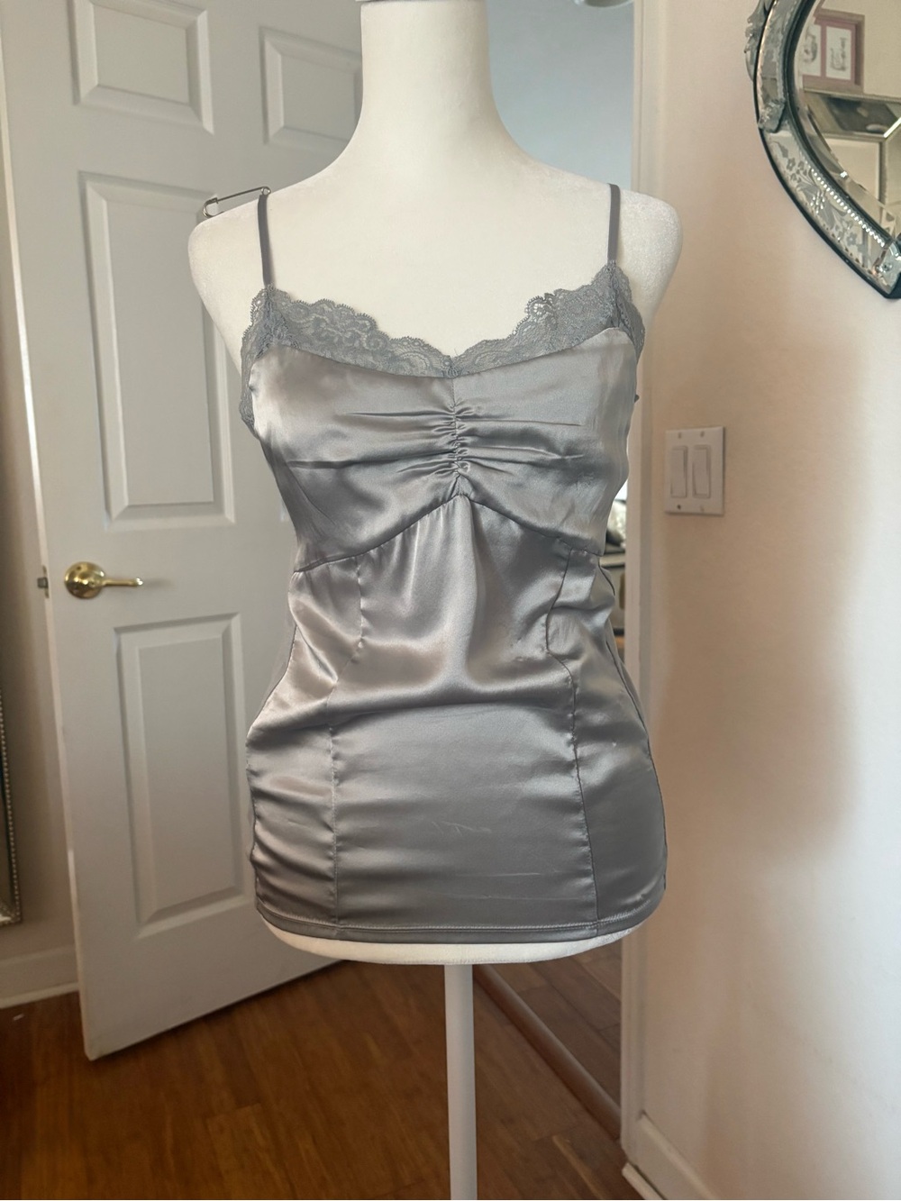 Ann Taylor Silver Silk Lace-Trim Camisole